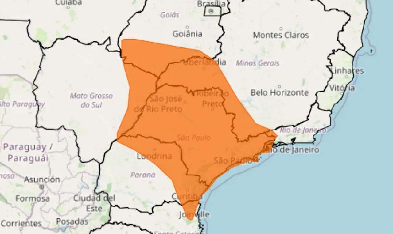 O mapa mostra &agrave;s &aacute;rea em alerta para chuva intensa e tempestade